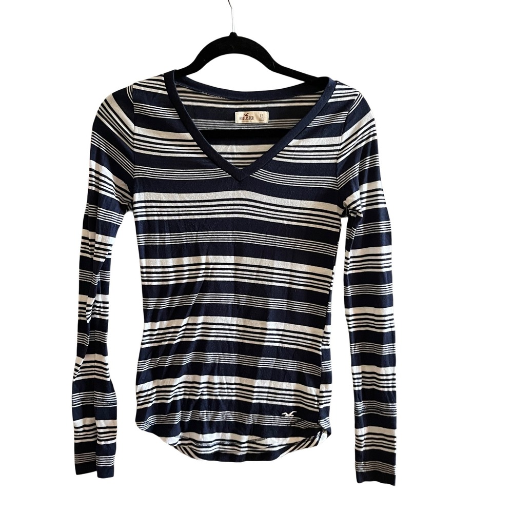 Hollister V-Neck Top Womens XS Navy White Striped Long Sleeve Curved Hem Y2K